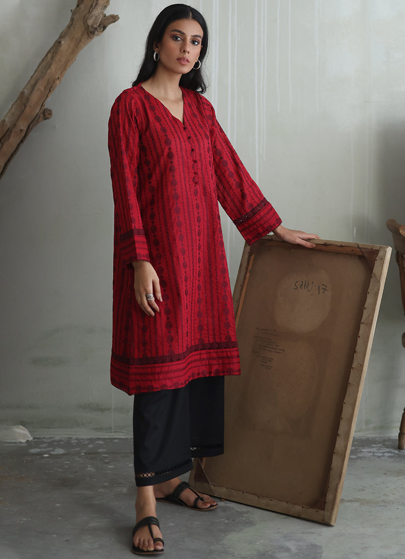 Deep Red Chikan Kurta