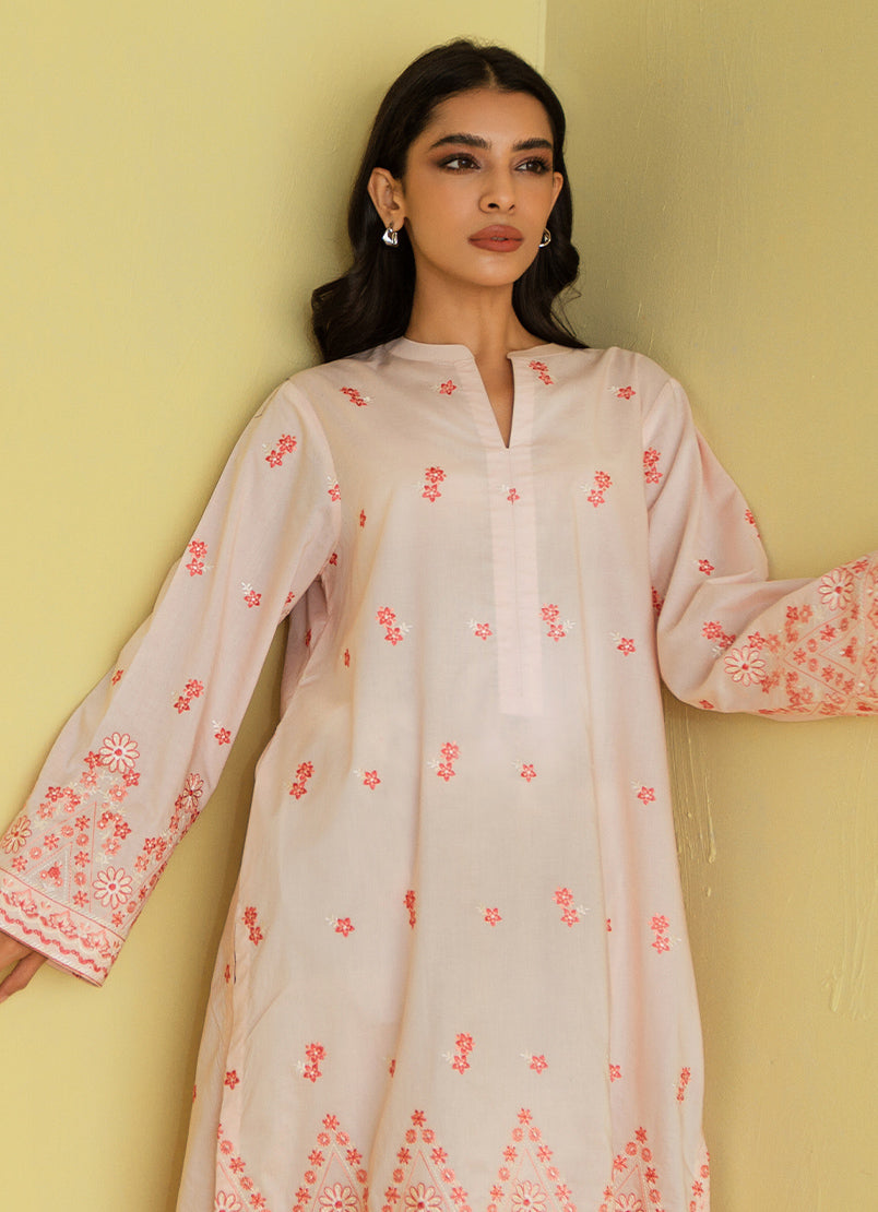 Peachy Pink Embroidered Kurta - Embroidered