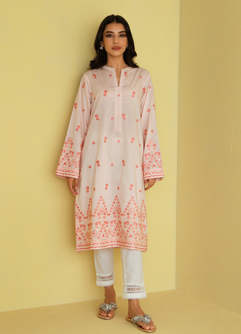 Peachy Pink Embroidered Kurta - Embroidered