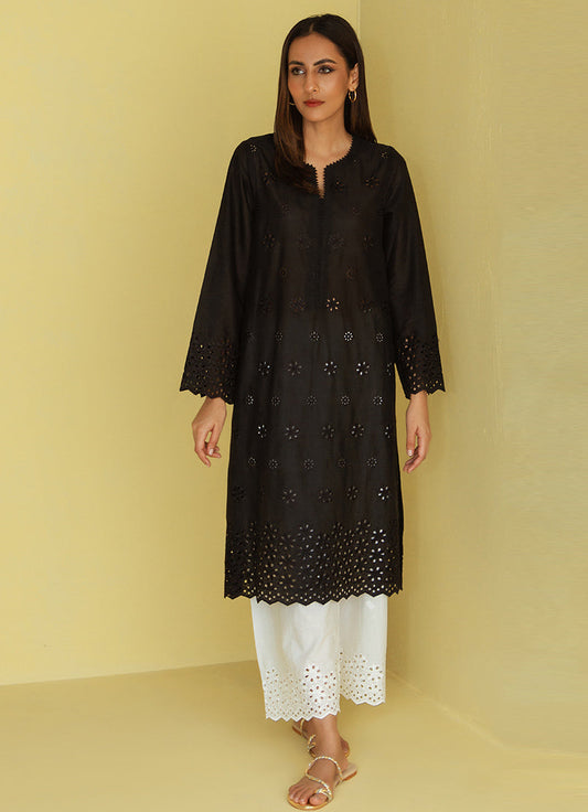 Black Schiffli Embroidered Kurta - Embroidered