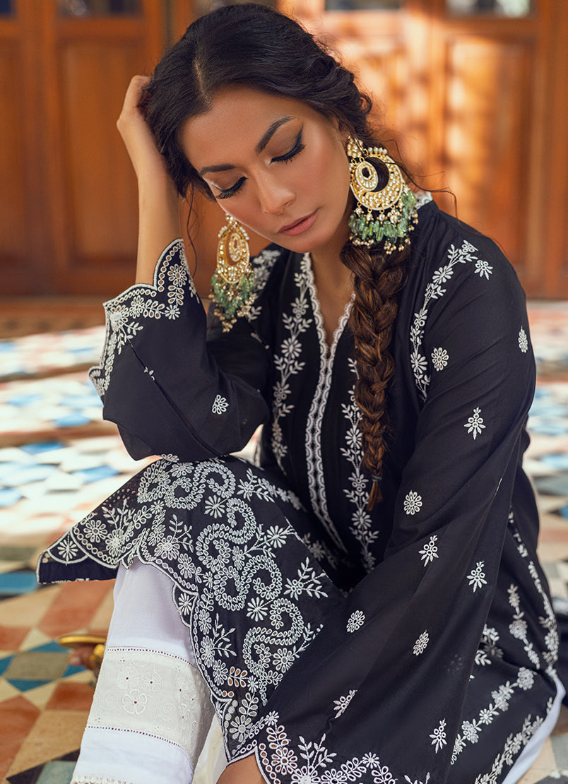 Black Schiffli Embroidered Kurta - Embroidered