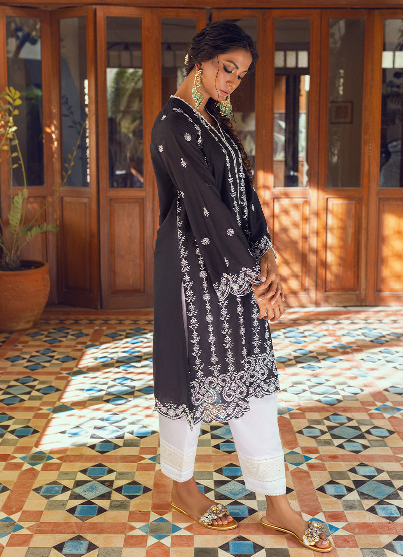 Black Schiffli Embroidered Kurta - Embroidered