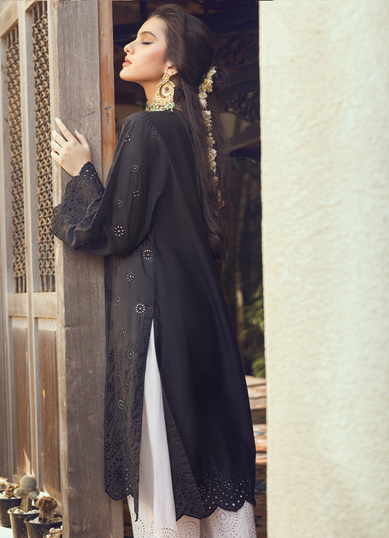 Black Schiffli Embroidered  Kurta - Embroidered