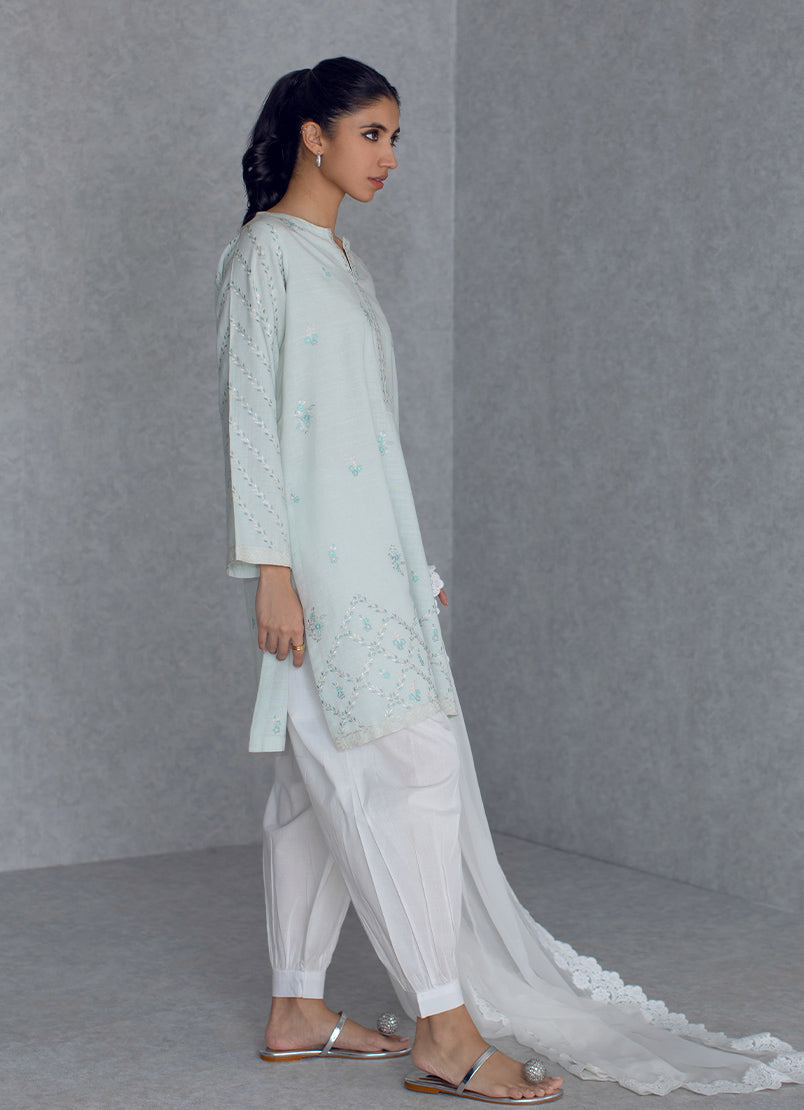 Sky Blue Embroidered  Kurta - Embroidered