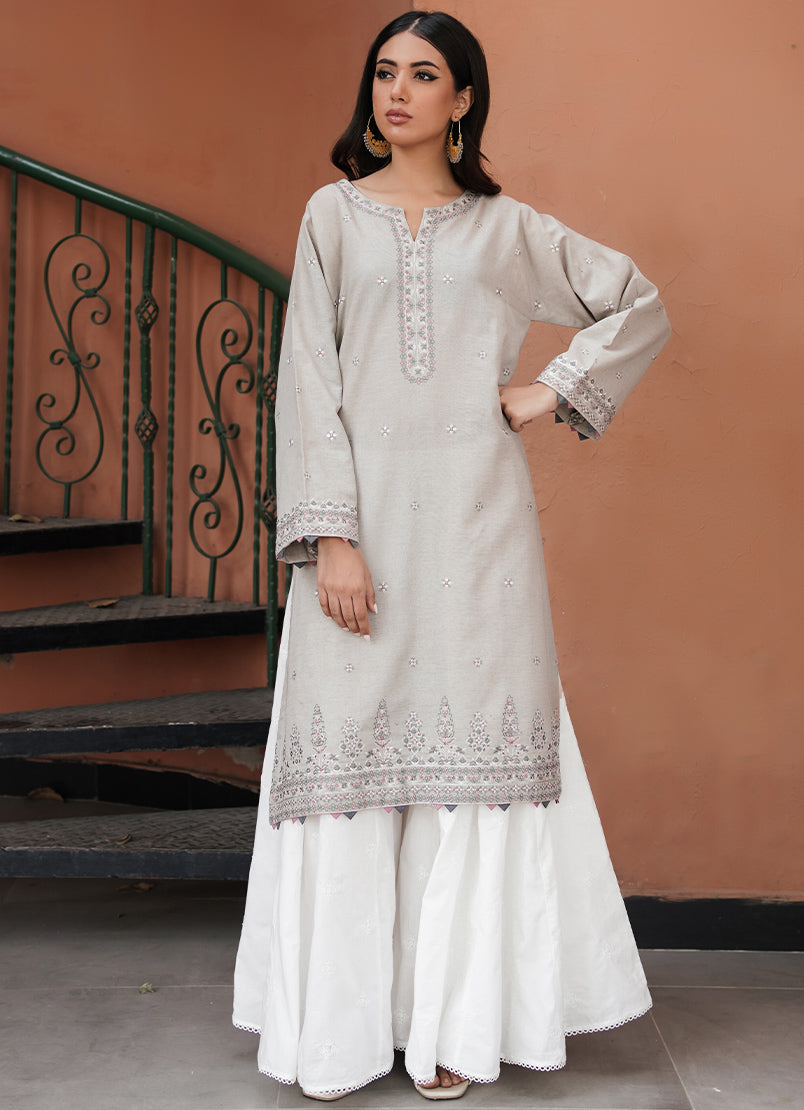 Drizzle Grey Kattan Embroidered Kurta